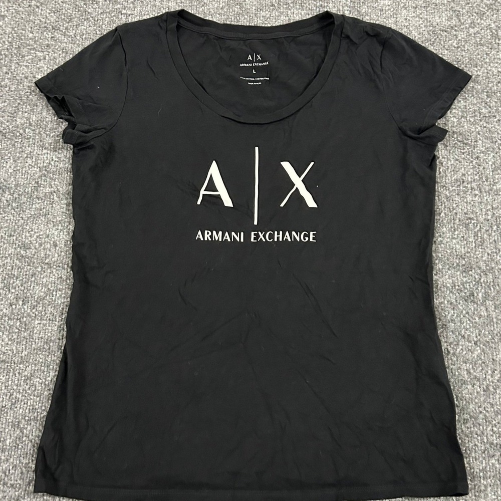 Armani Exchange T-Shirt Womens Size L Black Pima Cotton Logo Short Sleeve Tee